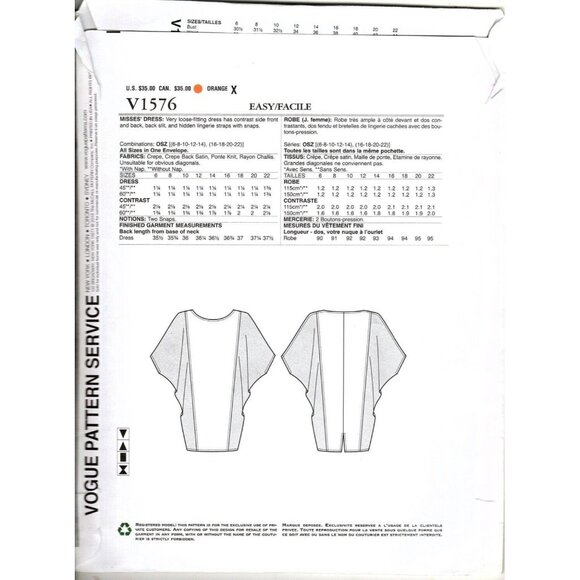 Vogue V1576 Misses 6 to 22 Tom and Linda Platt Dress UNCUT Sewing Pattern - Picture 2 of 2